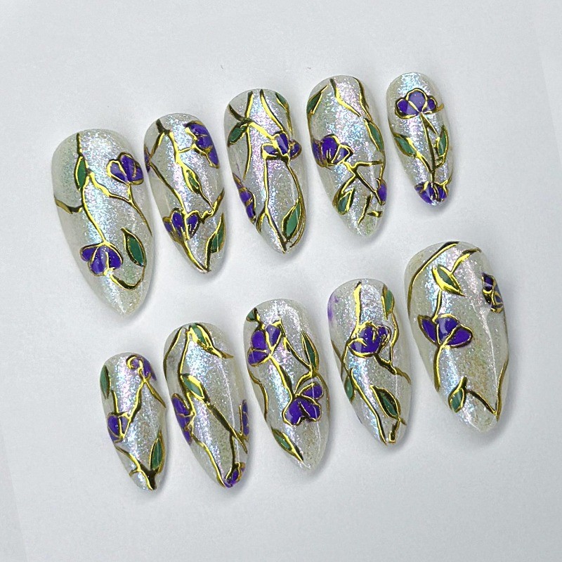 Custom Pure Handmade Nails Silver Shimmer Purple Flower Gold Line Manicure
