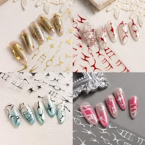 4 Sheets Irregular Line Nail Art Stickers, 3D Metallic Mirror Gold Self 4color