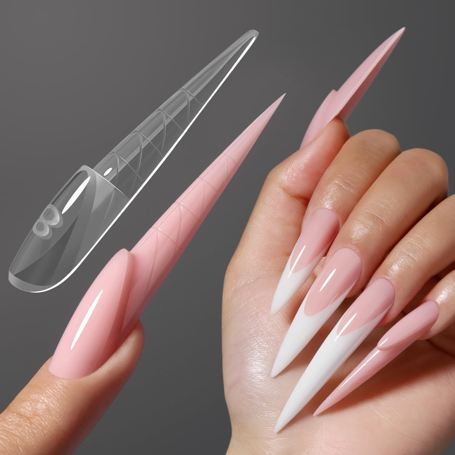 3D Reverse French Dual Forms – 150pcs Stiletto Nail Tips, 15 Sizes, Gel & Acryli