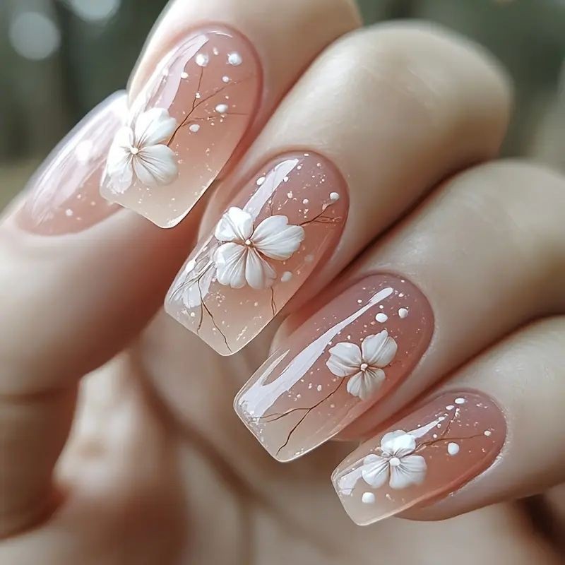 48Pcs-Medium Coffin Nude Gradient Cherry Blossom Snow Dot Press on Nails