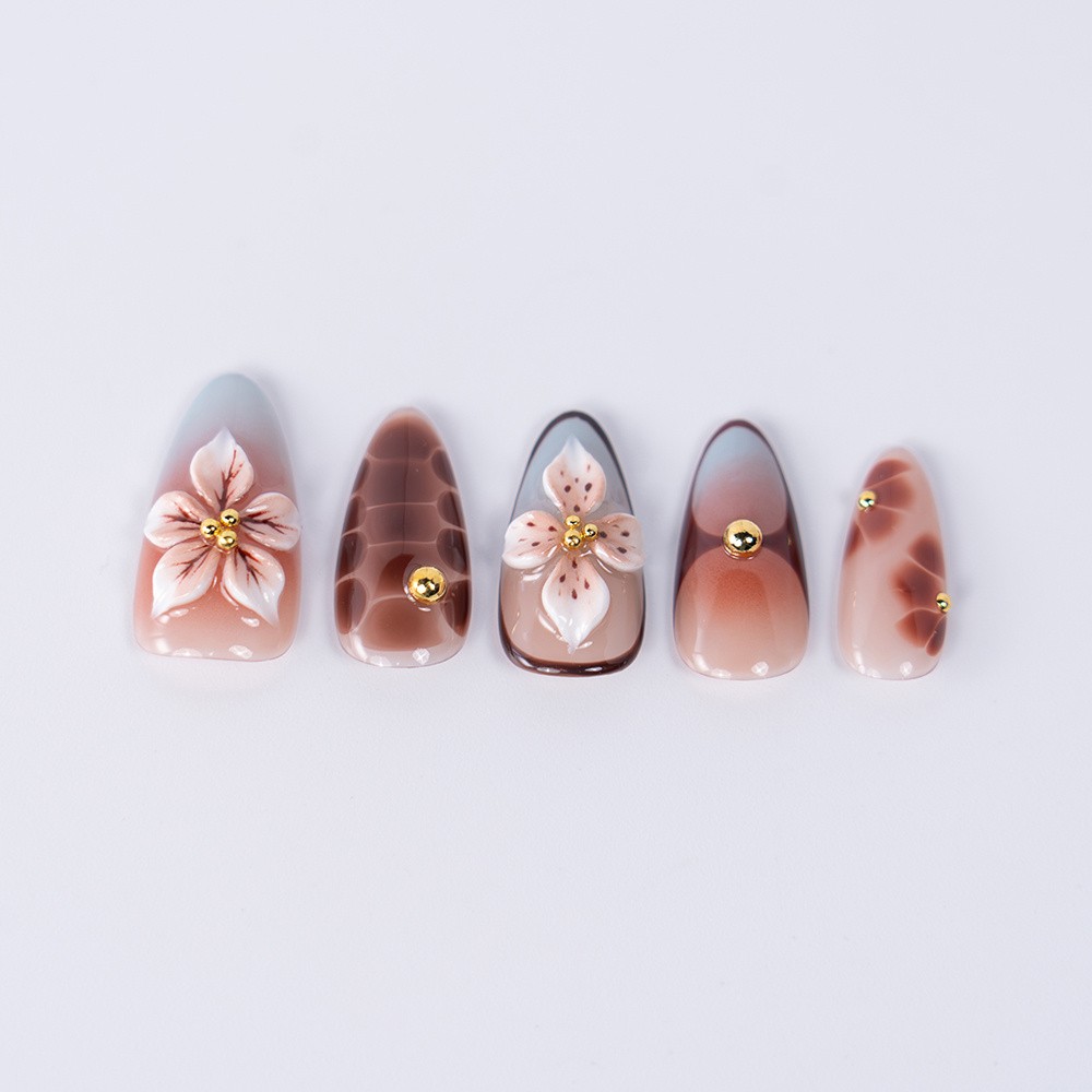10/20PCS Handmade Almond Shape Press On Nails Gradient Floral Fake Nails S-L