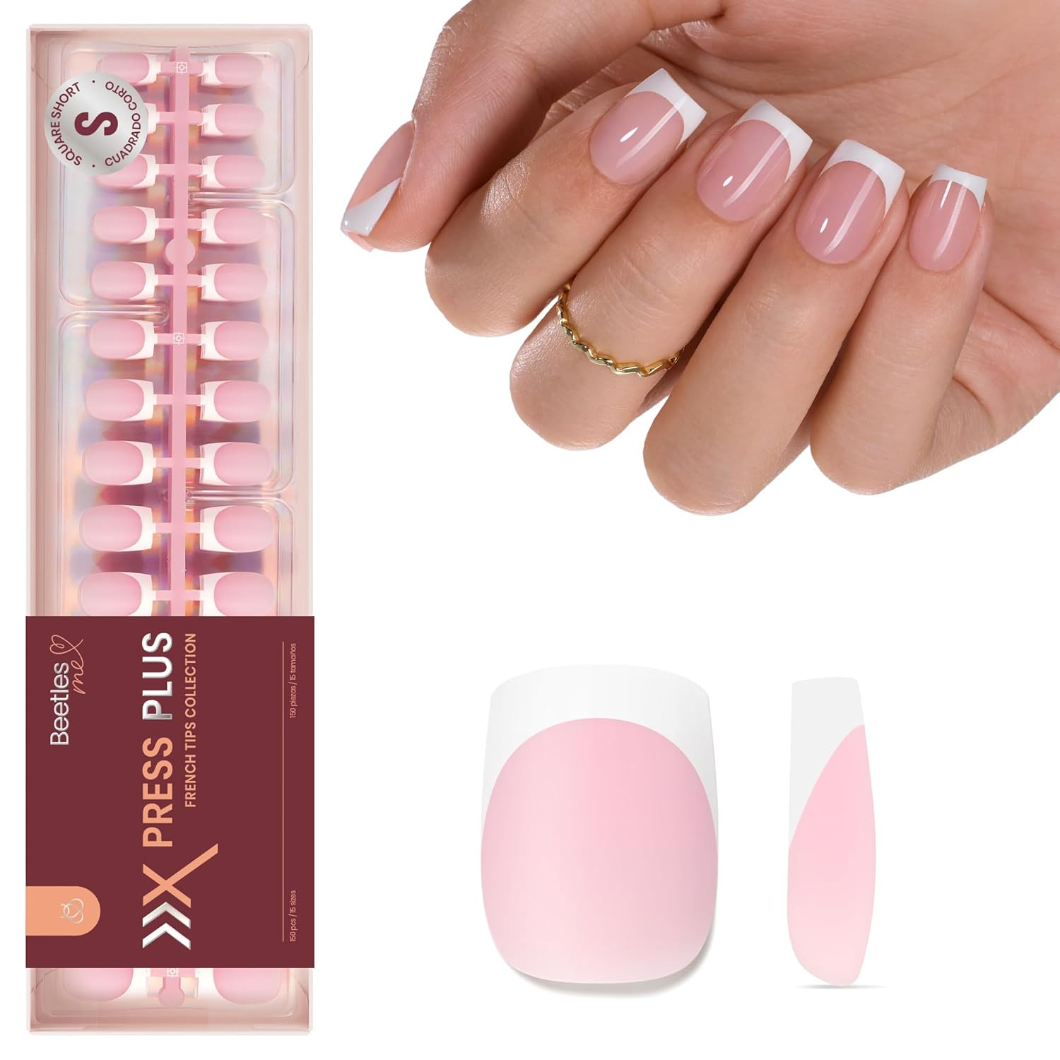 Beetles French Tips Press on Nails: 150 Pcs Pink Short Square Press on Nails Fak