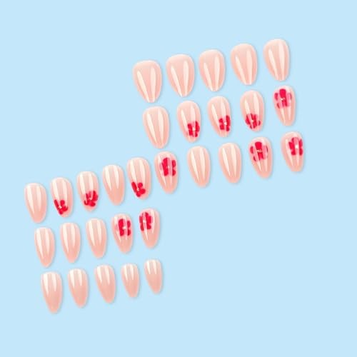 Short Press on Nails Almond Nails Pink Flower Press Ons with Design Cute Styl 6