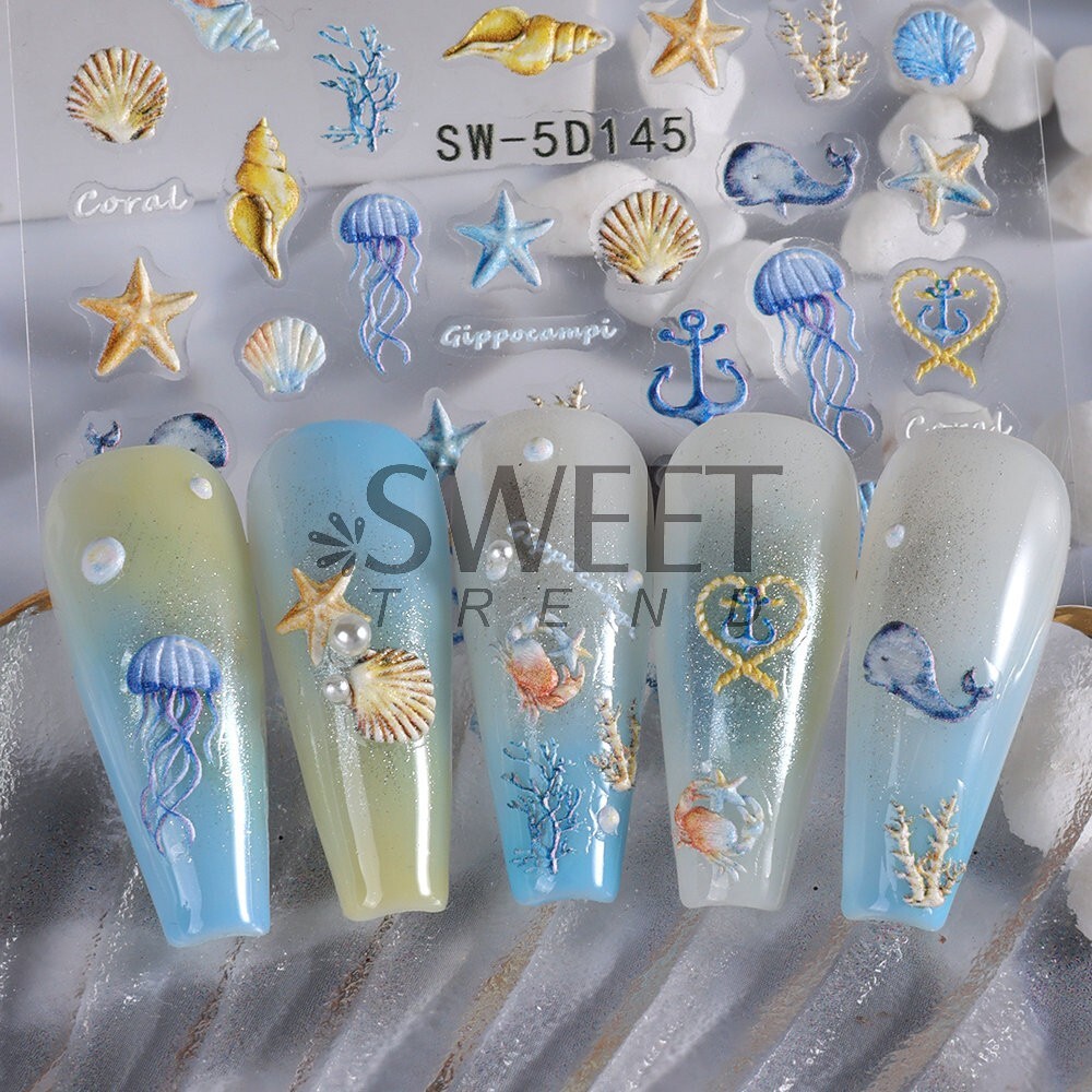 Summer Ocean Dolphin Shell Star Footprint Stickers 5D Embossed Nail Art Decals