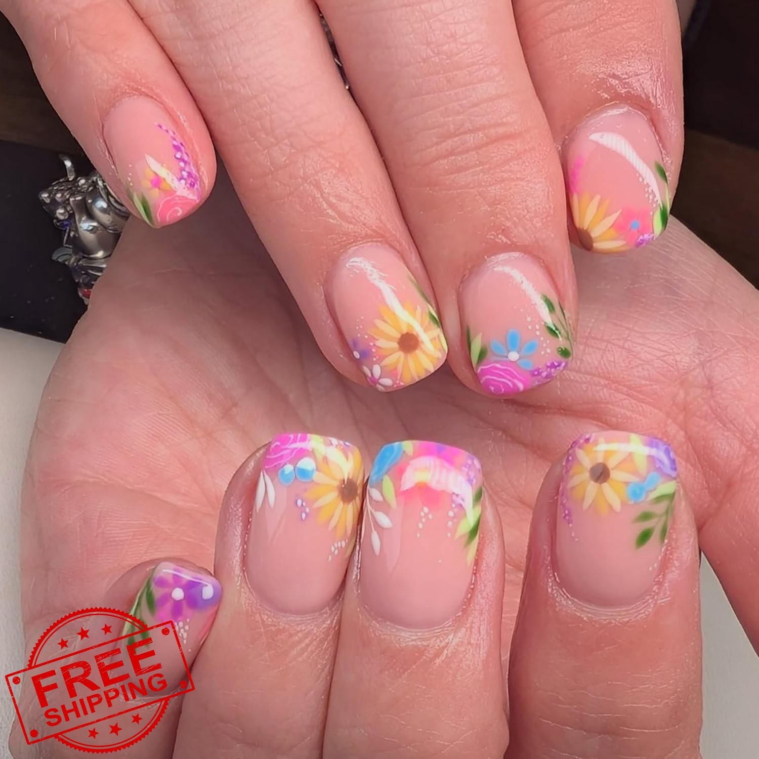 Short Square Press On Nails Nude Daisy Design Acrylic Full Cover 24Pcs