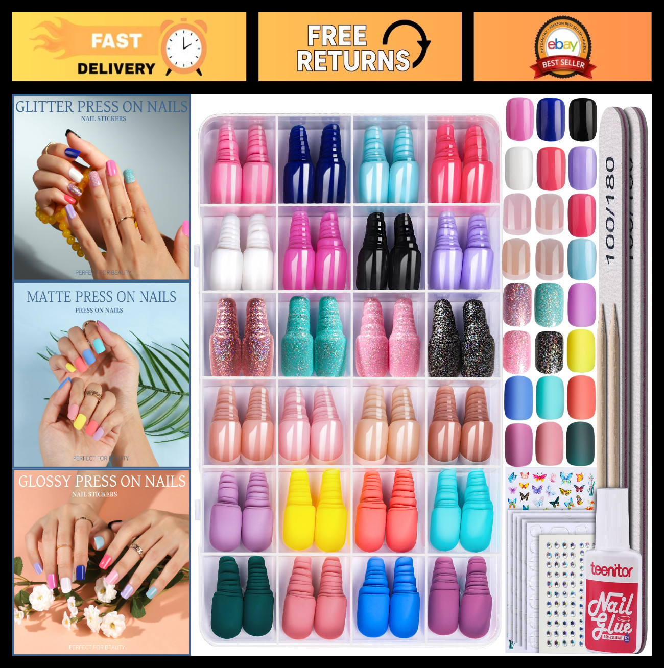 24Pack Short Press On Nails – 576Pcs Matte Glossy Glitter French Fake Nails, 12