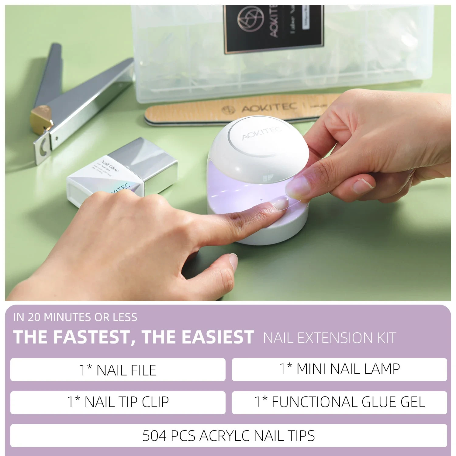 Almond Nail Tips Kit 5pc – UV Lamp, 504 Acrylic Nails, Cutter, Glue, Nail File
