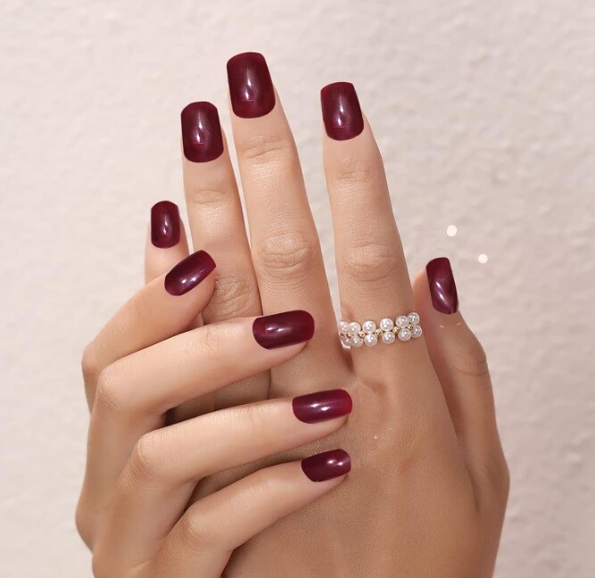 Handmade Press On Nails – Glossy Short Square Nails, Black White Red Fake Nails