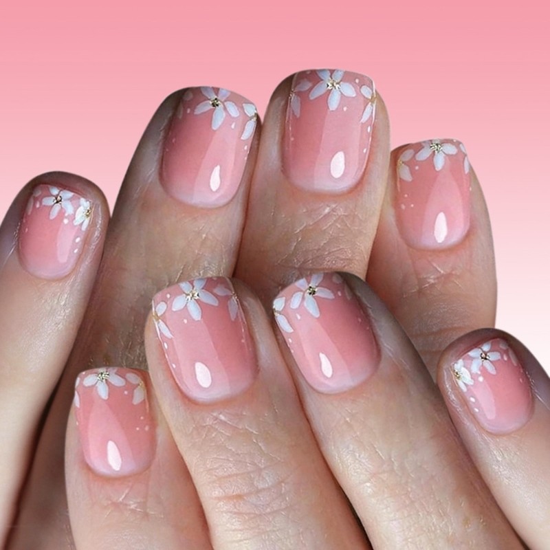 Short Square Artificial Nail 24Pcs Sparkling Floral Design Plastic Material