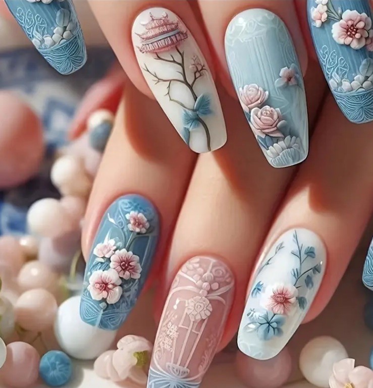 Blue Sky Asian Garden Nail Tips 24pcs Finished Boxed With Glue & Tabs Nails
