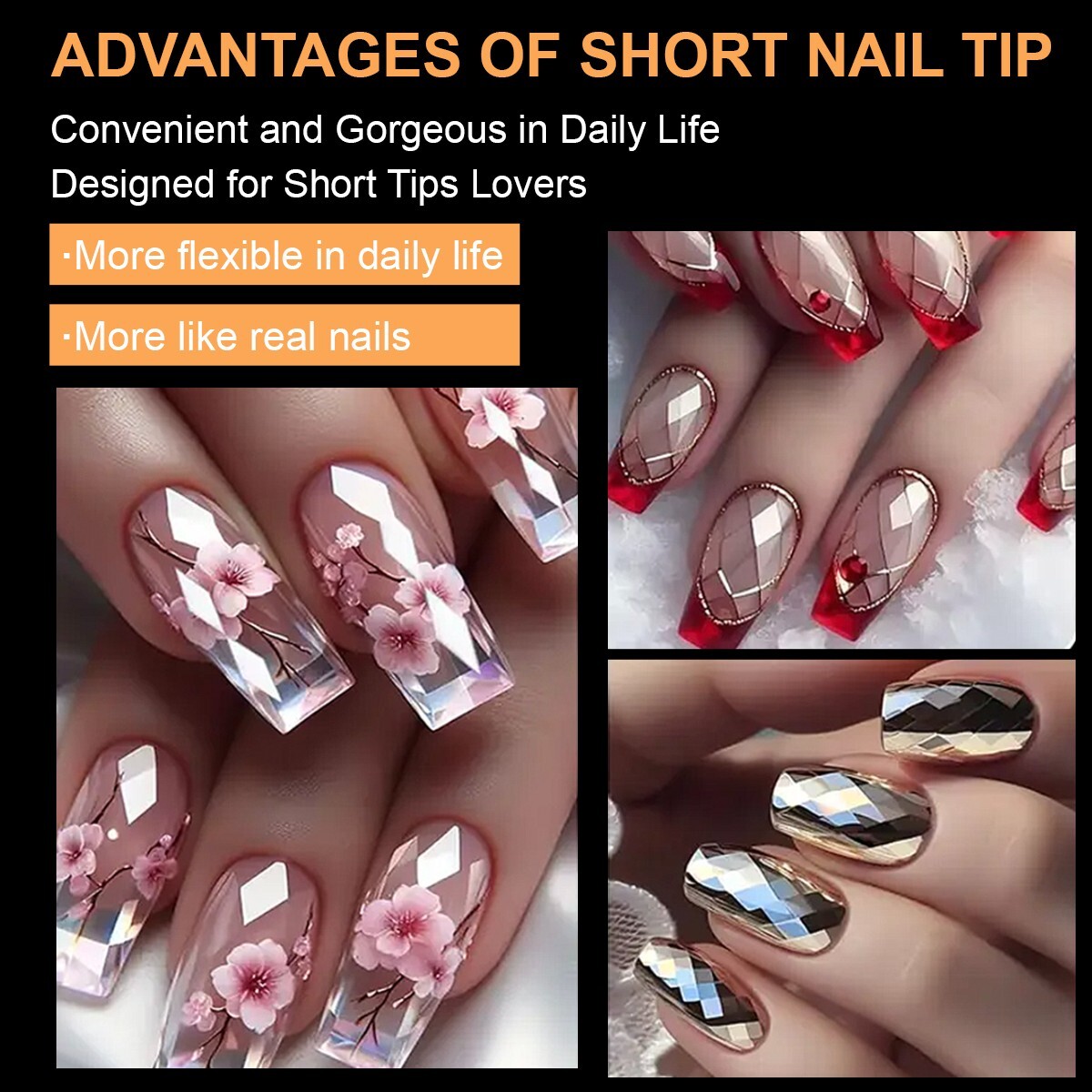 3D Diamond Rhombus Soft Gel Tips Seamless Full Cover Clear False Press On Nails