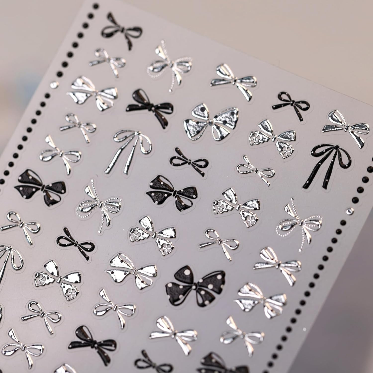 Black Silver Bow Nail Stickers Polka Dot Bowknot Metallic Nail Art Decals | Y2K