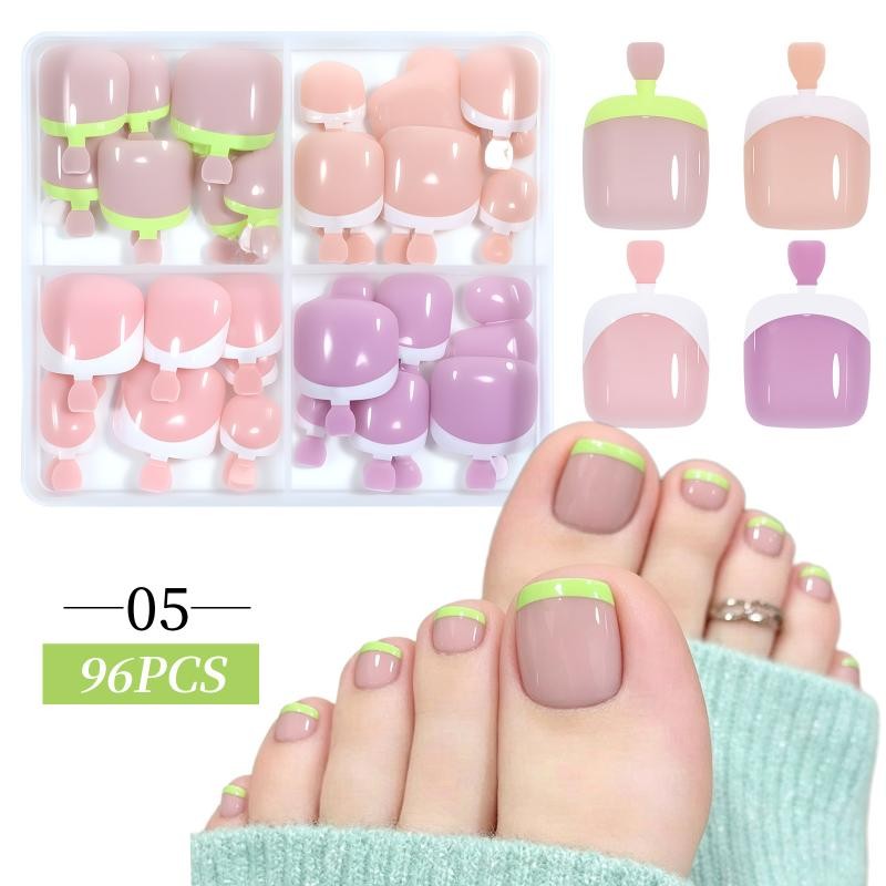96Pcs/Box Cat’s Eye Fake Toenails French Design 4 Colors Short Square Press On