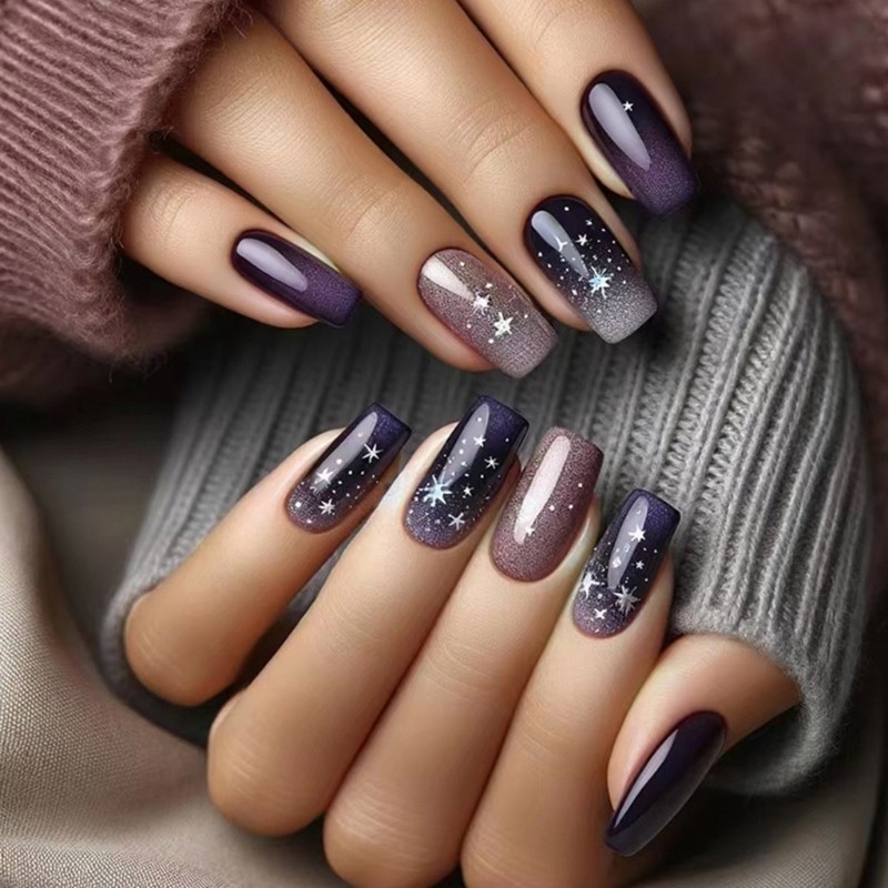 24Pcs Medium Blue Gradient False Nail Starlit Full Cover for Women Girls
