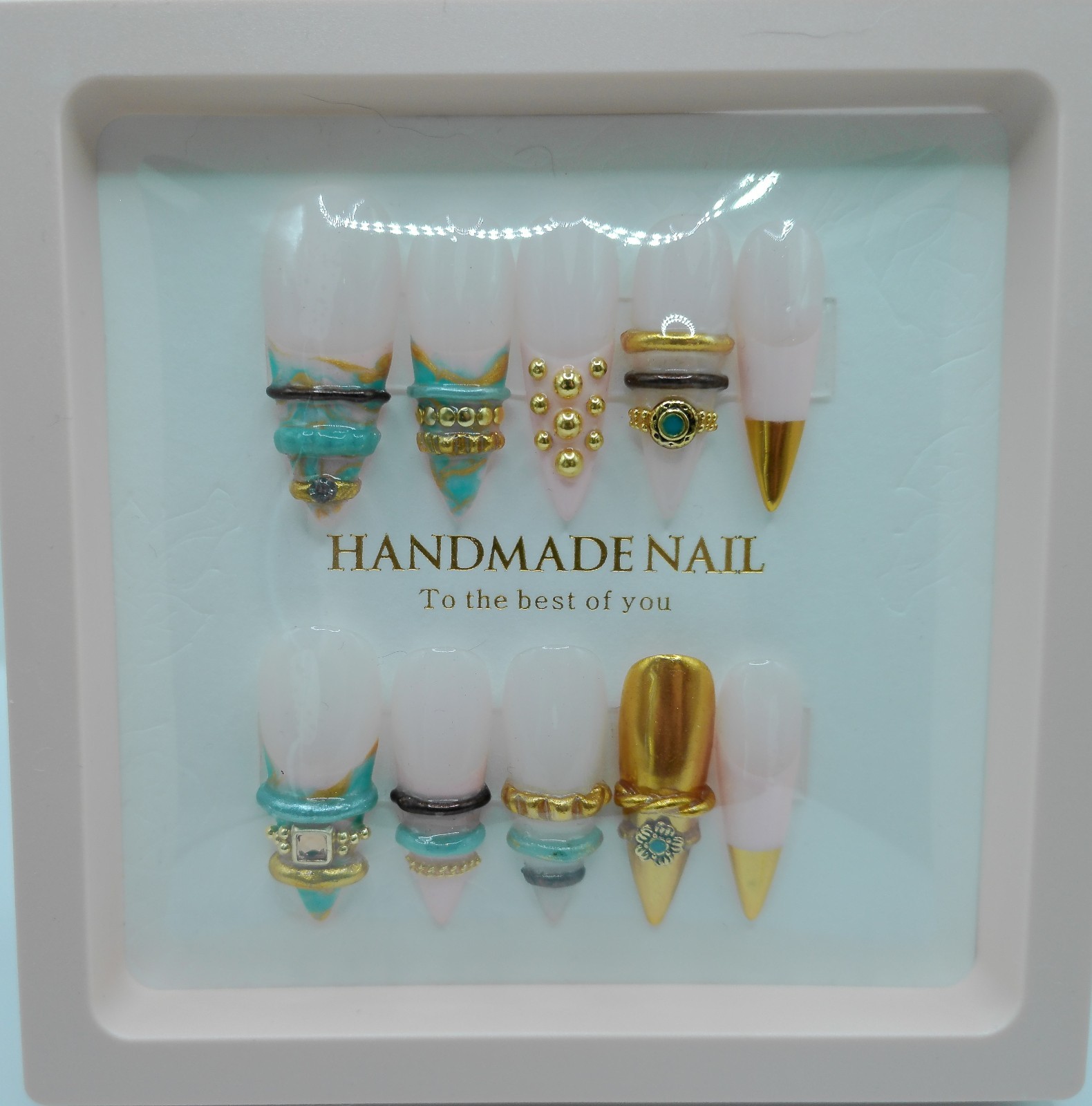 Long Stiletto Peach and Turquoise Bangle Press-On Nails – Medium Size