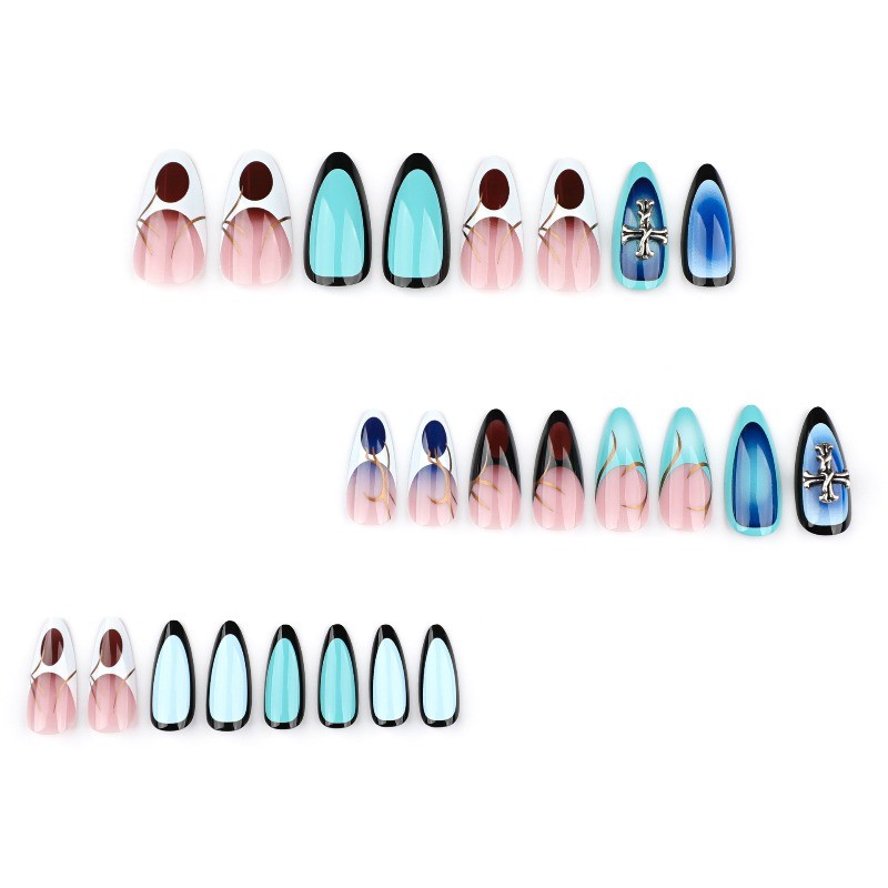 48pcs-Press on Nails Blue Ombre Cross Metal Decor Almond Glossy Nail Art Set