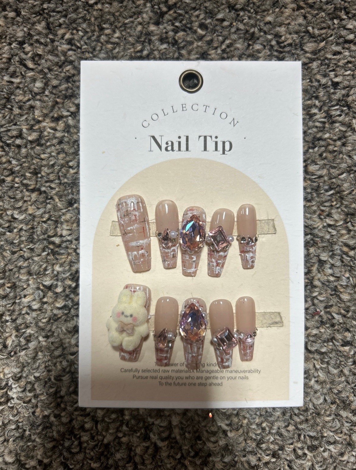 Handmade Teddy Bear, Diamond Press-On Nails, Pink, Long Square, Size Medium