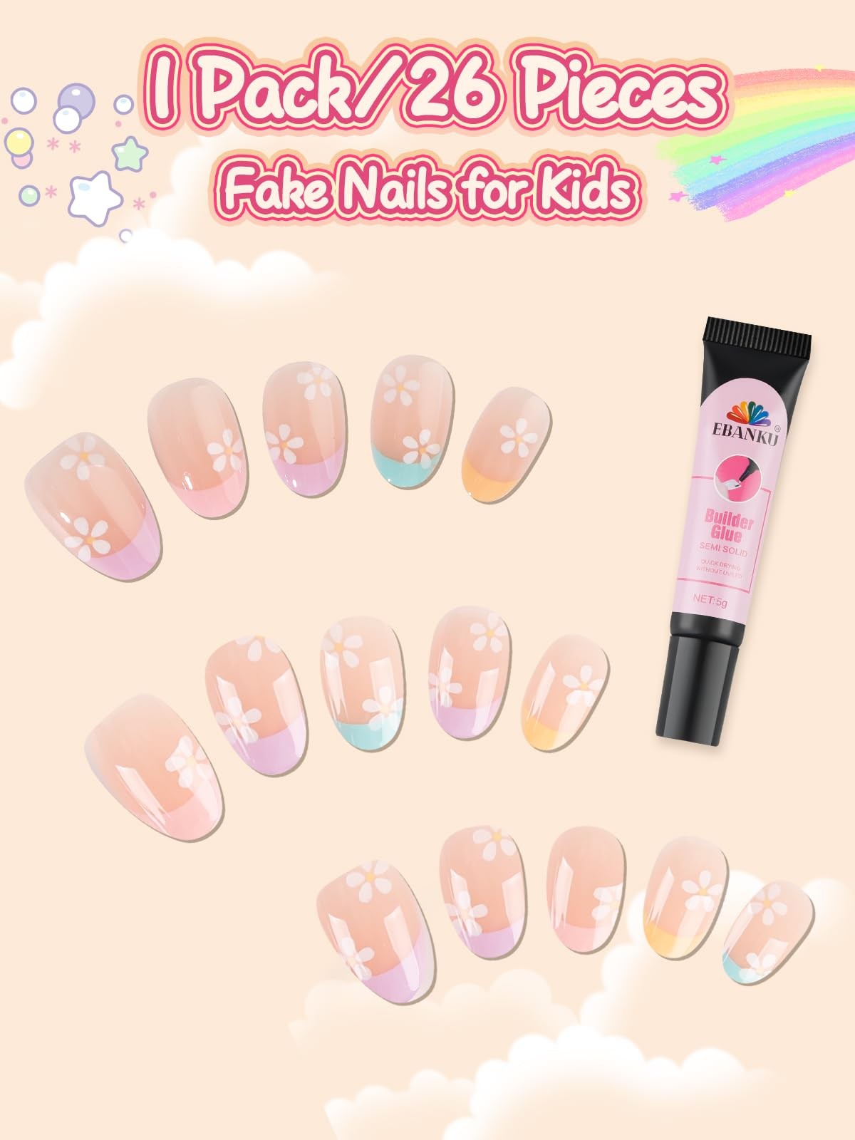 Press on Nails for Girls 5-12 Years, Pink Flower, 26 Pcs