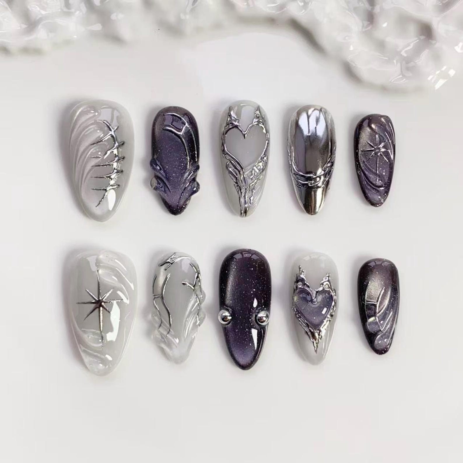 Handmade Dark Purple Silver Metal Heart Star Medium Almond Press on Nails