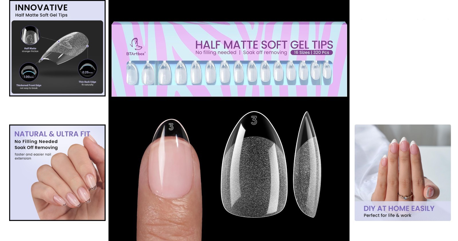 320pcs Short Almond Nail Tips – Soft Gel, Half Matte for Natural Nail Extensions
