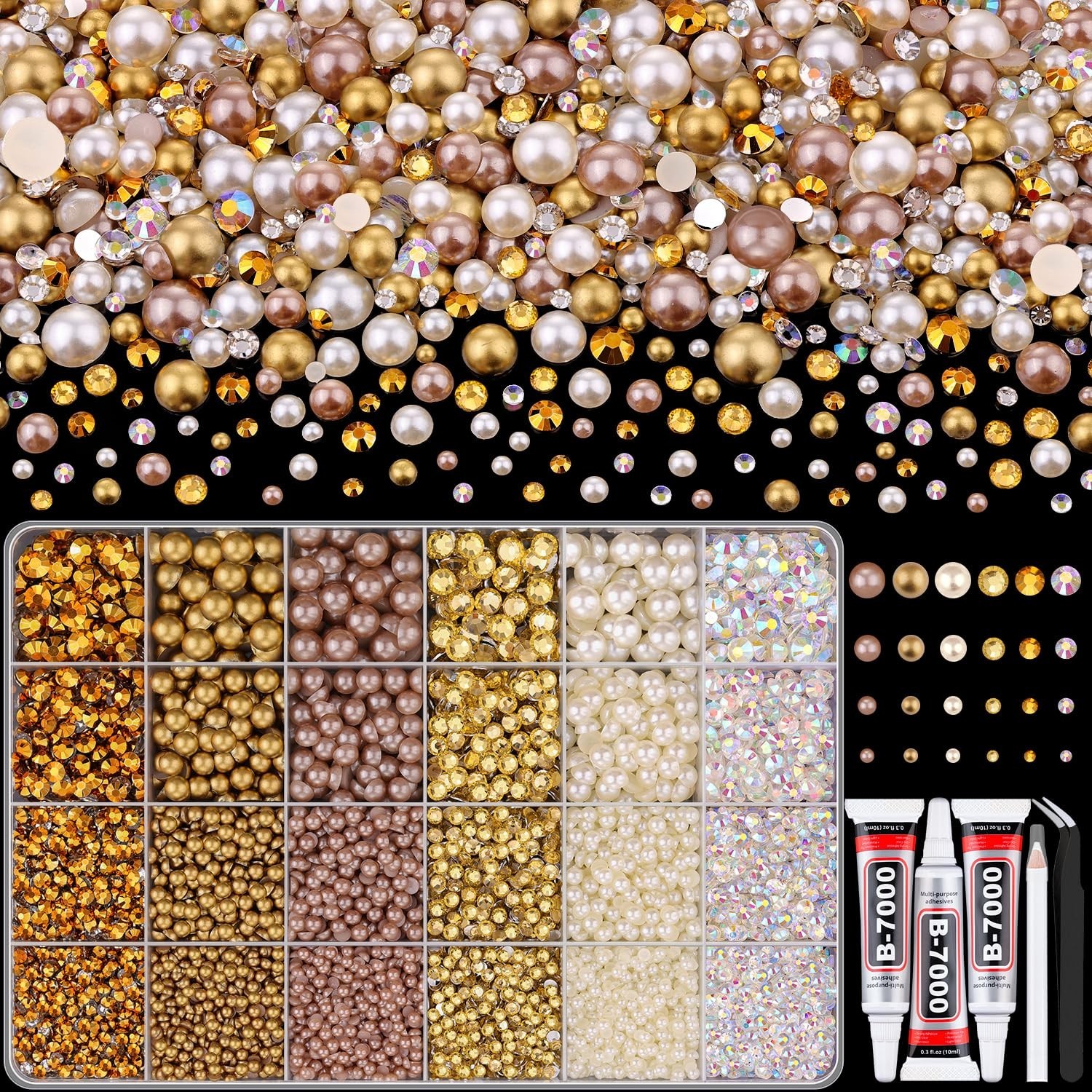 Mixed Size Flatback Pearls & Rhinestones Kit for Crafting, Nail Art, DIY Decor