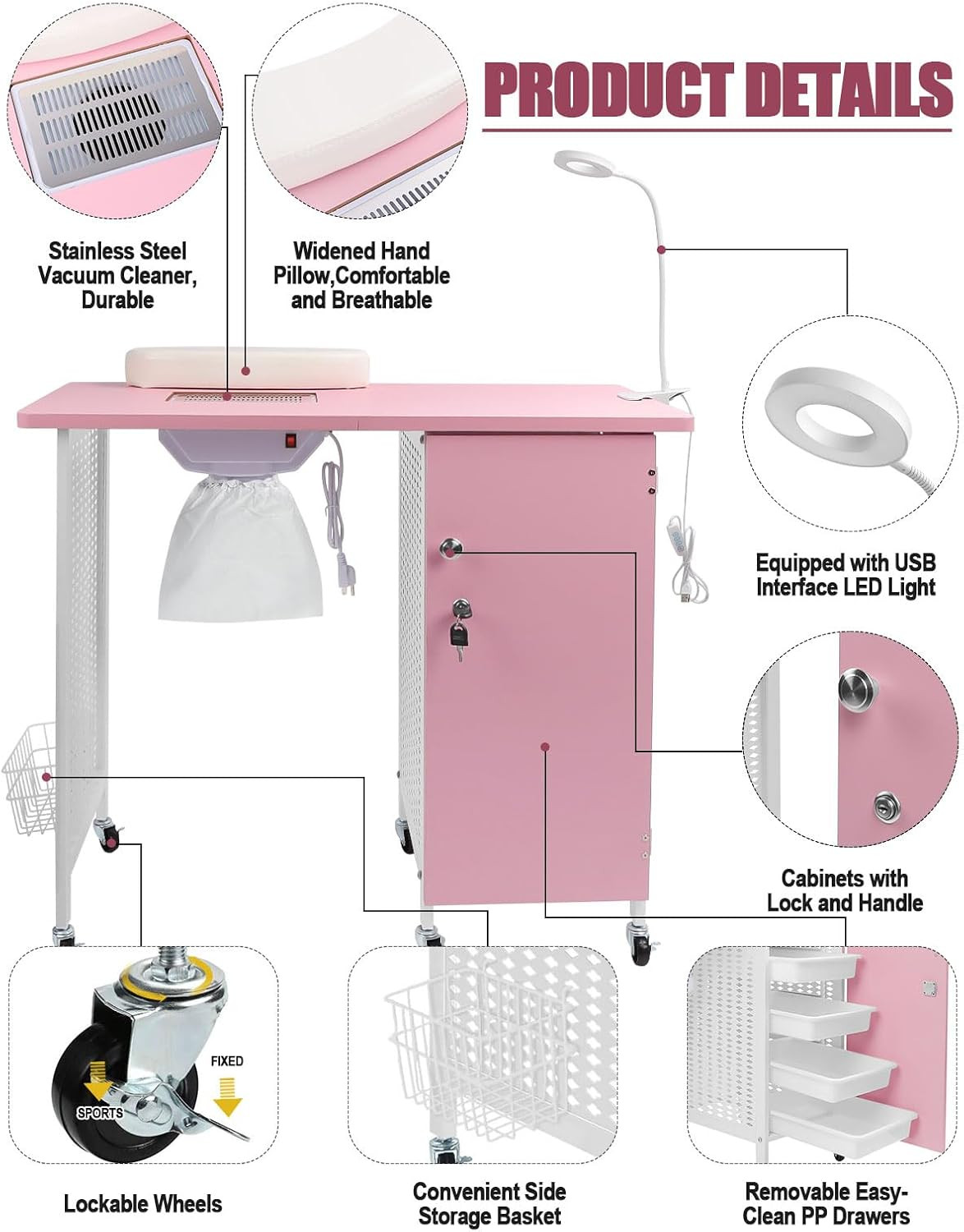 Manicure Nail Table, Mobile Nail Station with Nail Dust Collector, 4 Drawers, LE