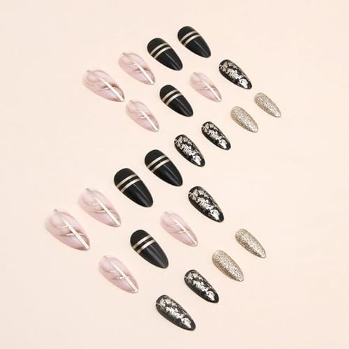 Black Press on Nails Medium Almond Fake Nails with Gold Foil Design style16