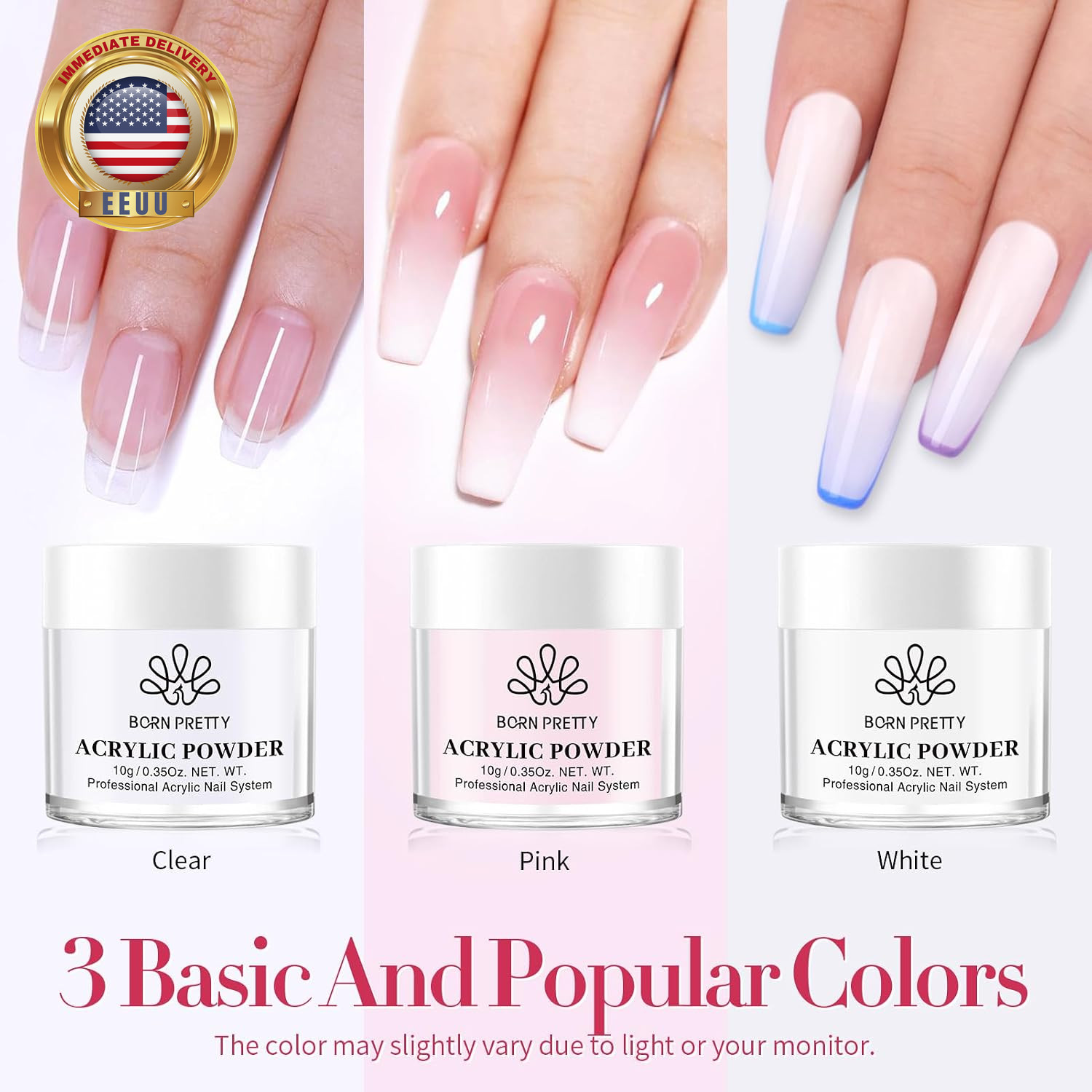 Acrylic Nail Kit – Acrylic Powder (Clear, White, Pink) & Liquid Set with Nail Fo