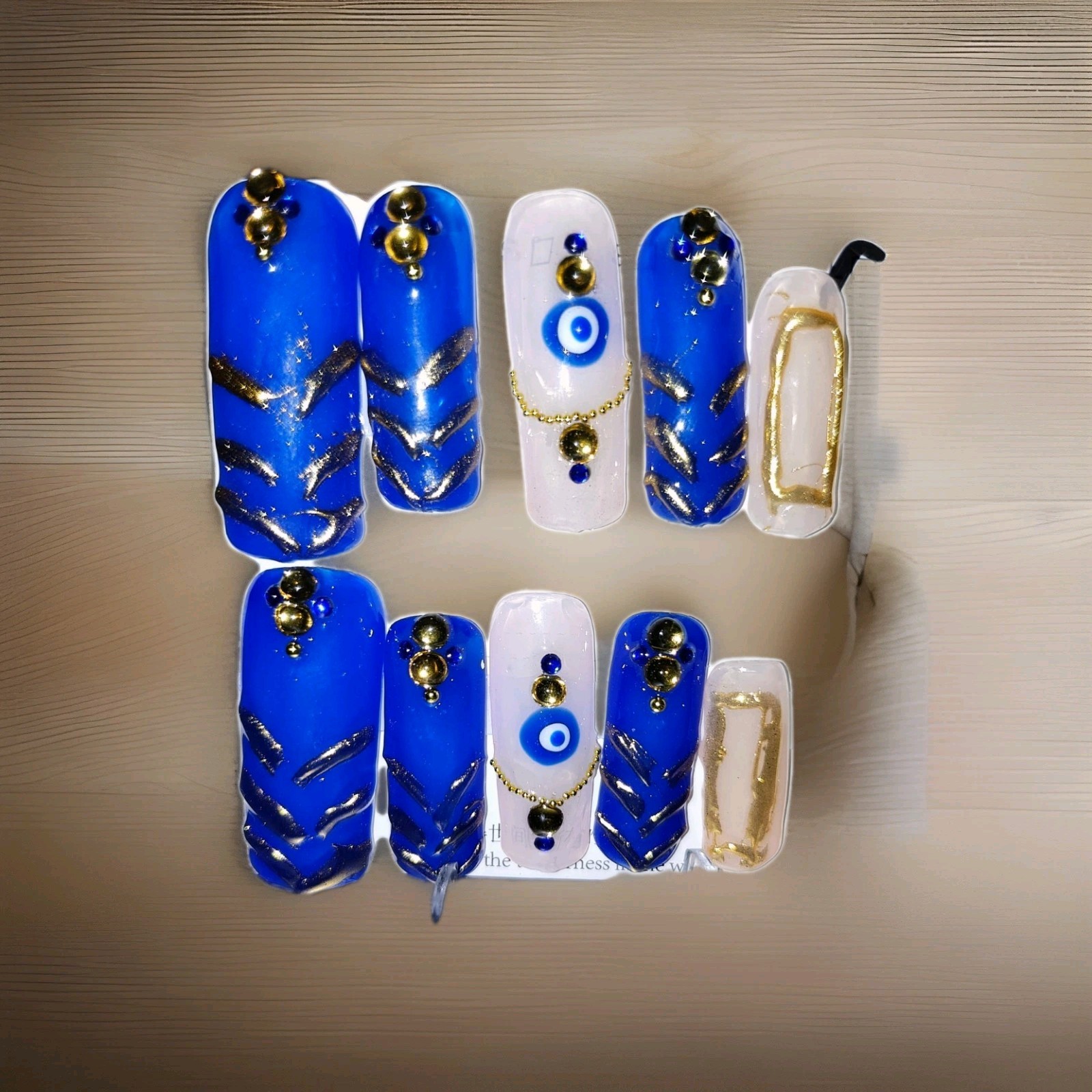Long Square Blue Gold Nude 3D Evil Eye Press-On Nails Full Cover Pre-Designed
