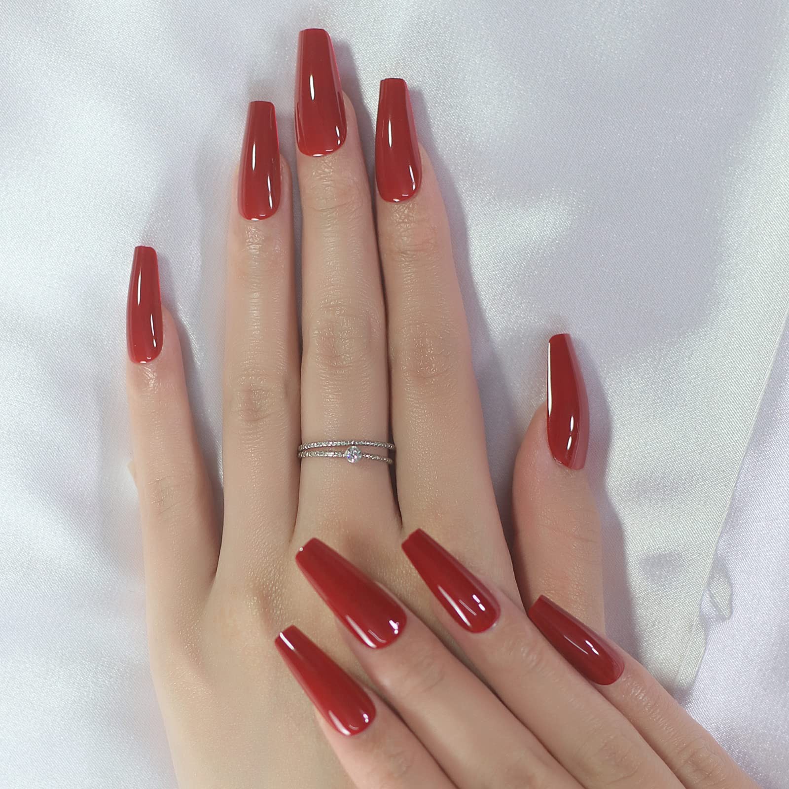 Glossy Red Press on Nails Medium Length Coffin False Nail Tips Reusable Full …