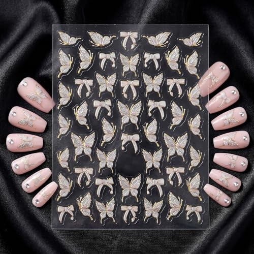 2 Sheets Butterfly Nail Stickers, Pink Light Shell Butterflies Bow Nail Art