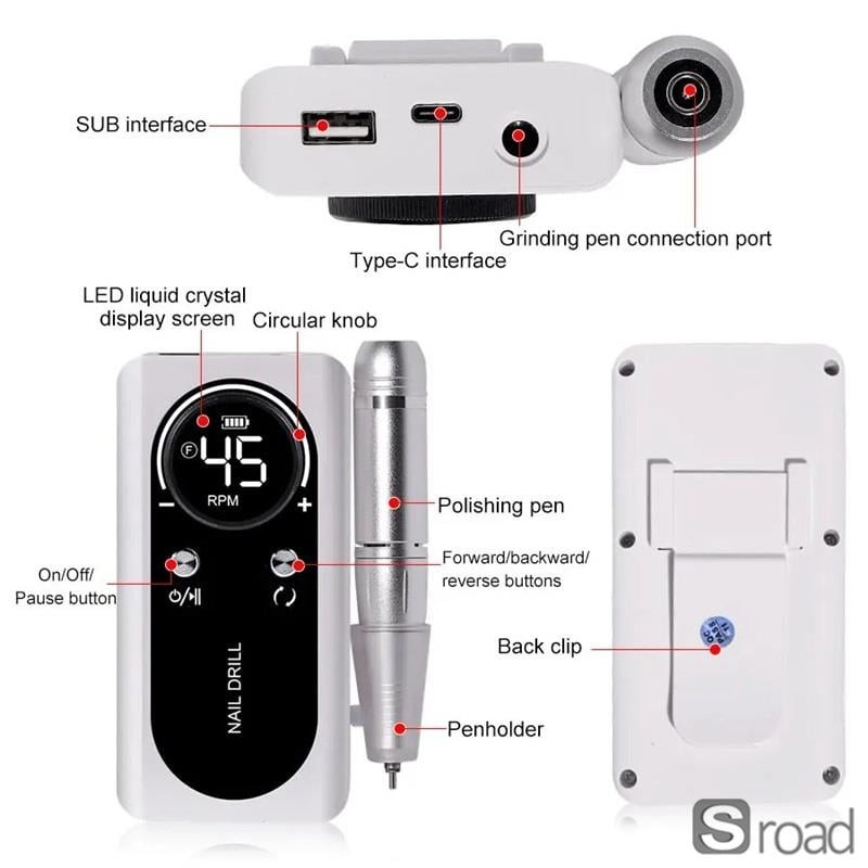 Nail Drill Machine 45000RPM Rechargeable LCD Screen 10H Battery