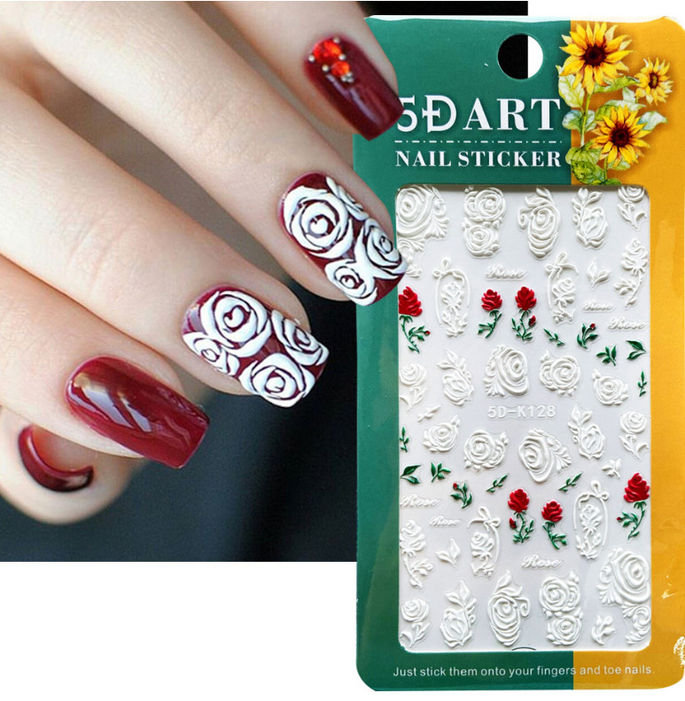 Valentine White 5D Embossed Love Rose Flower Toe Nail Art Stickers Manicure NS17