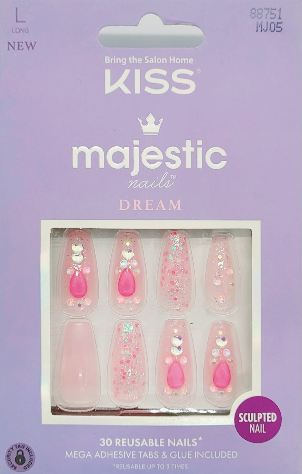 Majestic Press On Nails Nail glue included Lovely Bubbly’ Pink Long Size Coff…