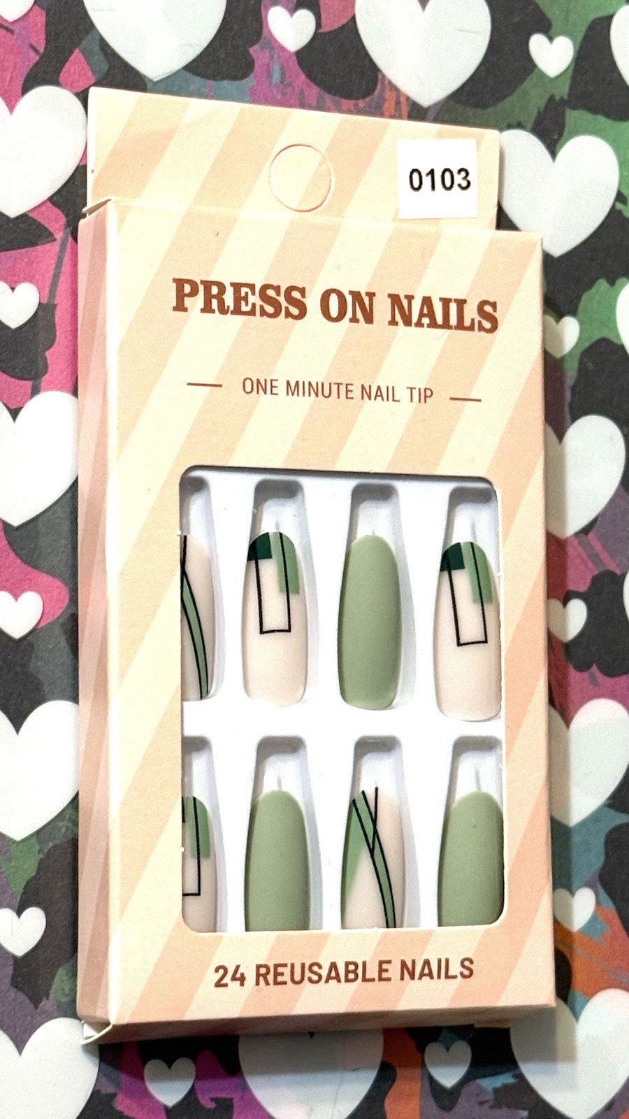 Press On Nails One Minute Nail Tip NUDE & SAGE GREEN with ABSTRACT 24 Long Oval