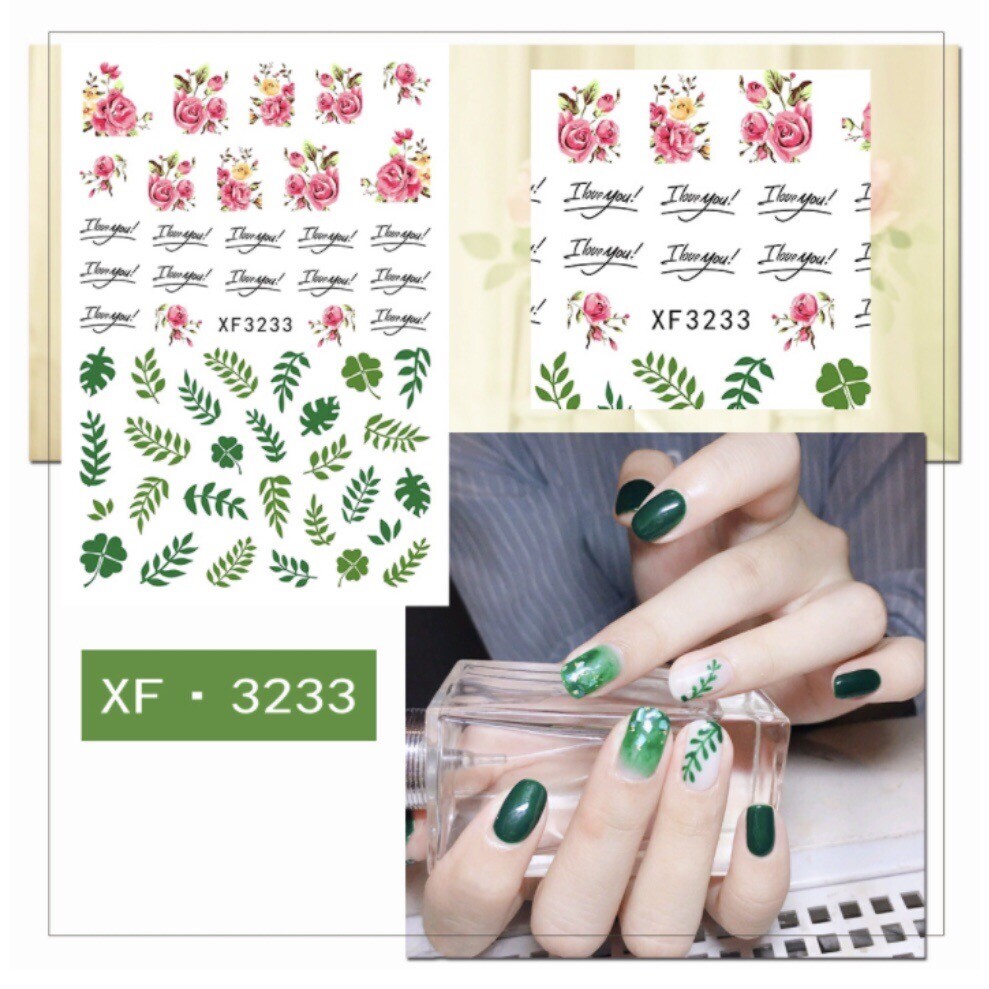 3D Nail Art Sticker Pink Rose Flower Leaves Decals Manicure Peel & Stick 3233