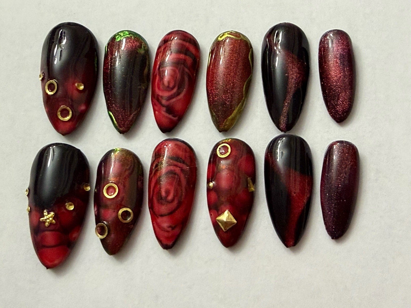 12 Handmade Press On Nails, Money Almond Shape Medium Size Red Sexy 🌹