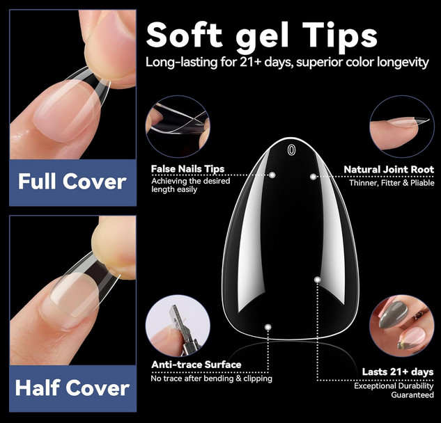Short Almond Nail Tips 216pcs Clear Soft Gel Full Cover 12 Sizes DIY Set