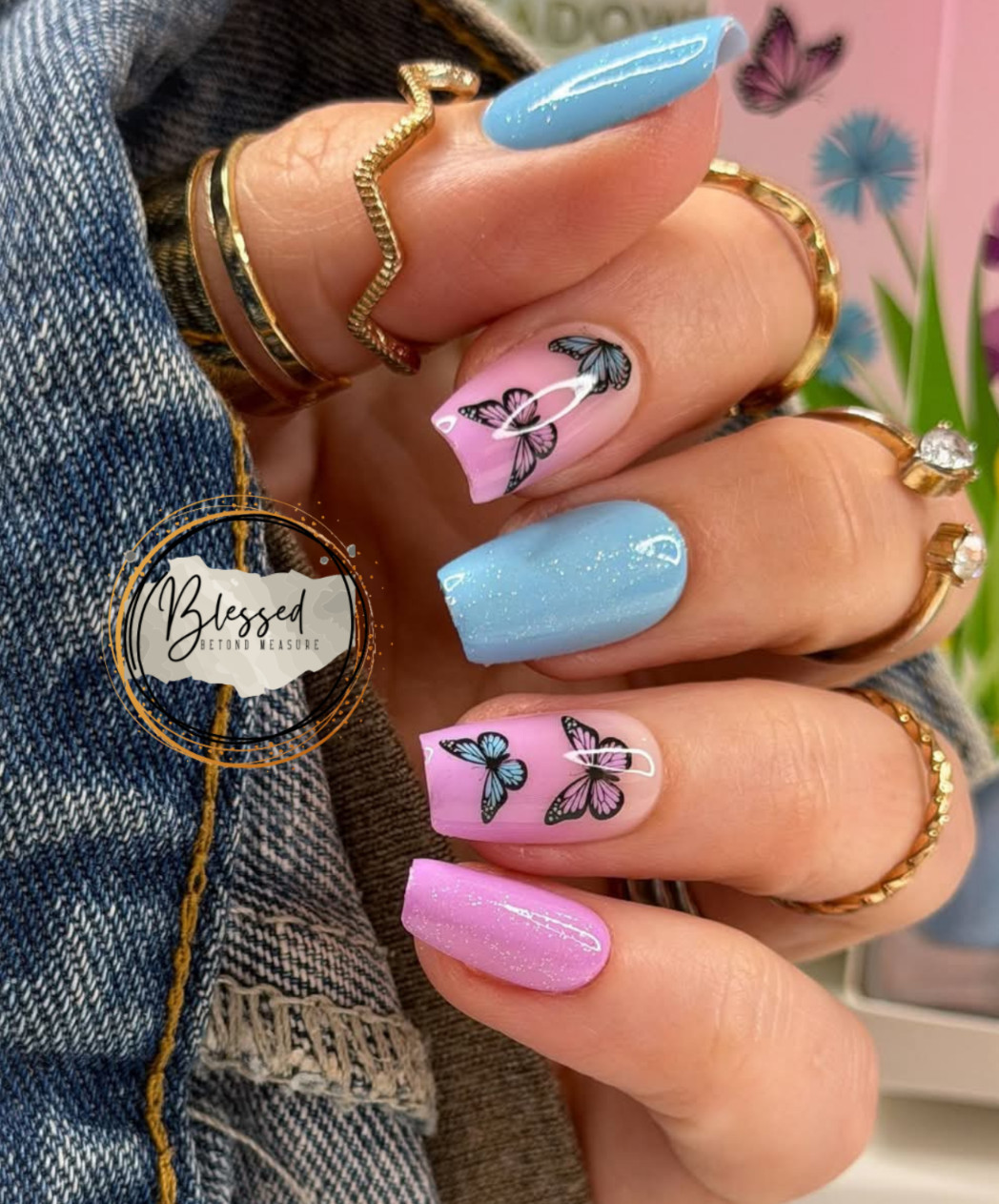Red Aspen Press On Nails- Bluebells & Butterflies, Birdie Coffin Medium