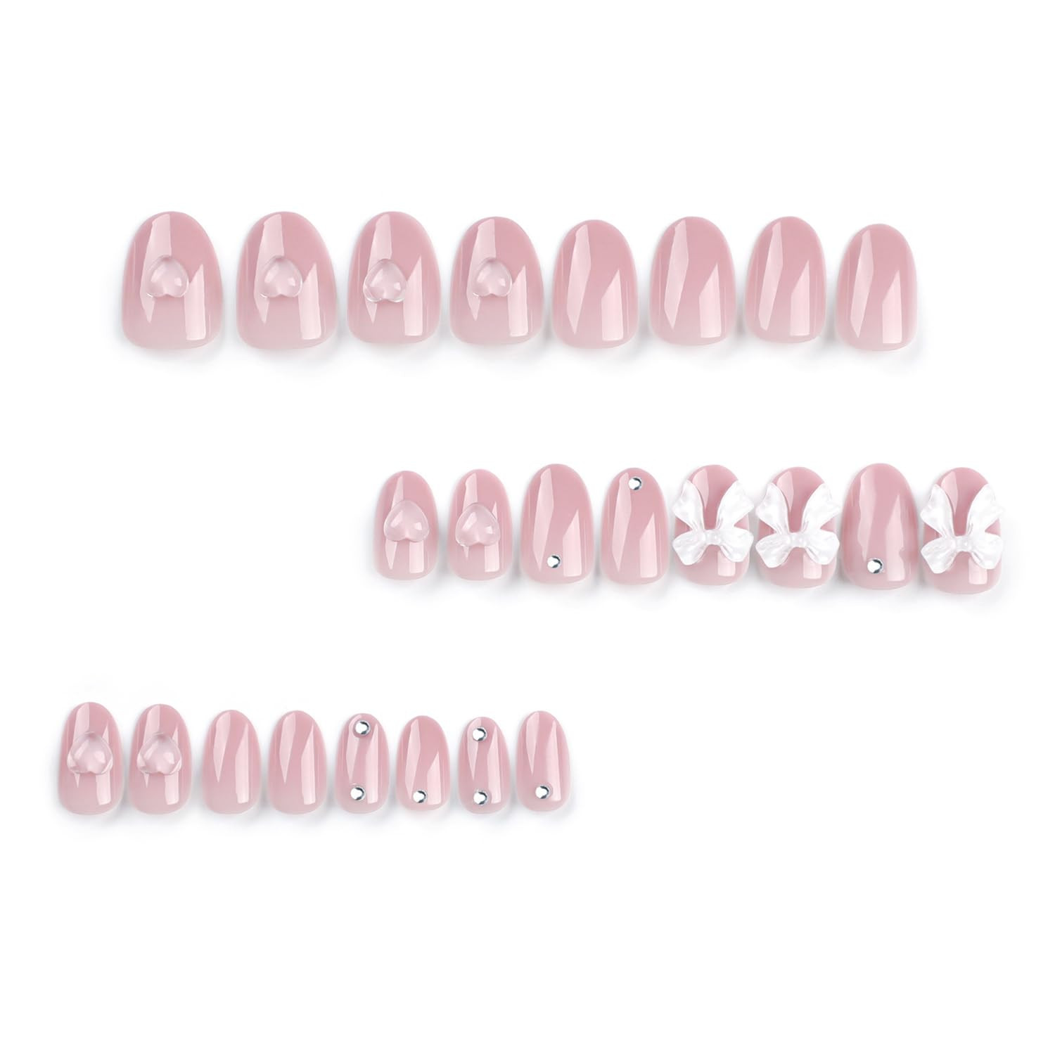 24Pcs Nude Pink Press on Nails Solid Color Short round Fake Nails 3D Love Bow Ch