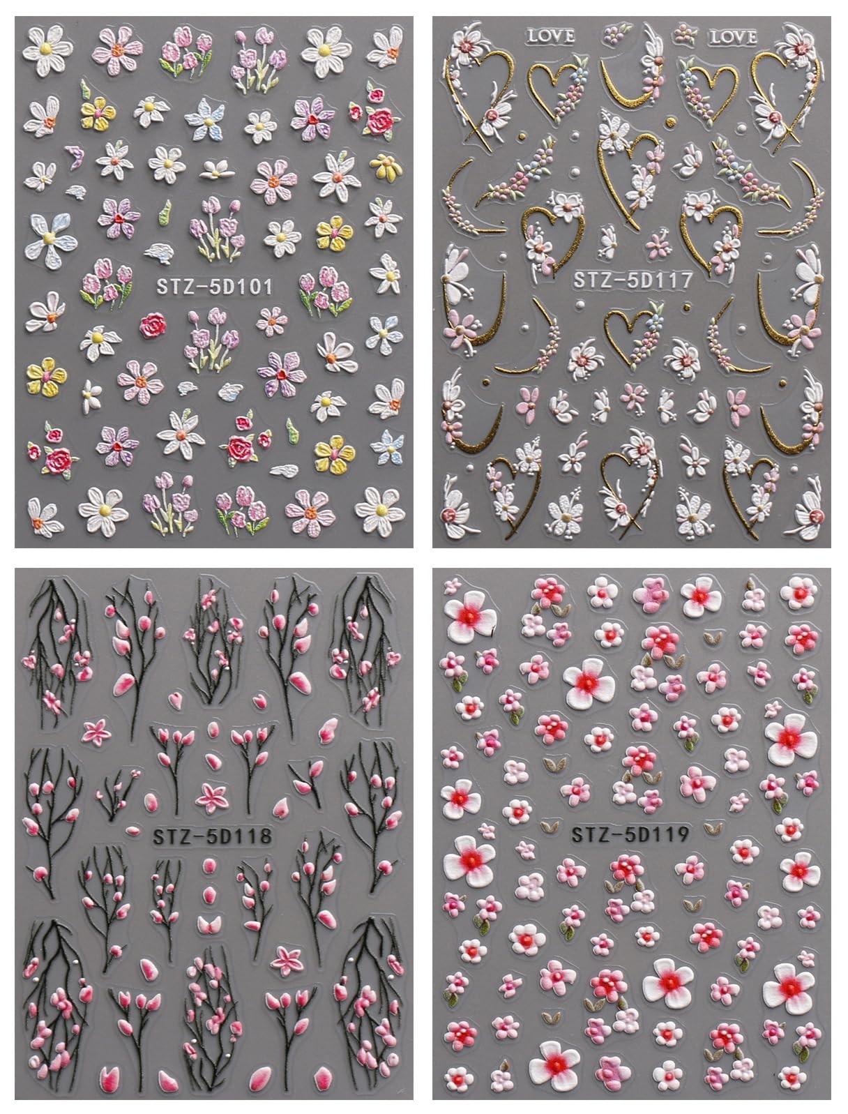 JMEOWIO 3D Embossed Flower Nail Art Stickers Decals Self-Adhesive 5D Colorful