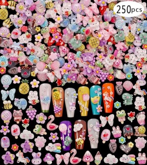 1 Pack of 250pcs Cute & Sweet 3D Nail Charms for Acrylic Nails, Multicolor A