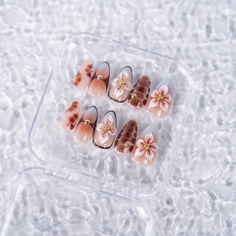 10/20PCS Handmade Almond Shape Press On Nails Gradient Floral Fake Nails S-L