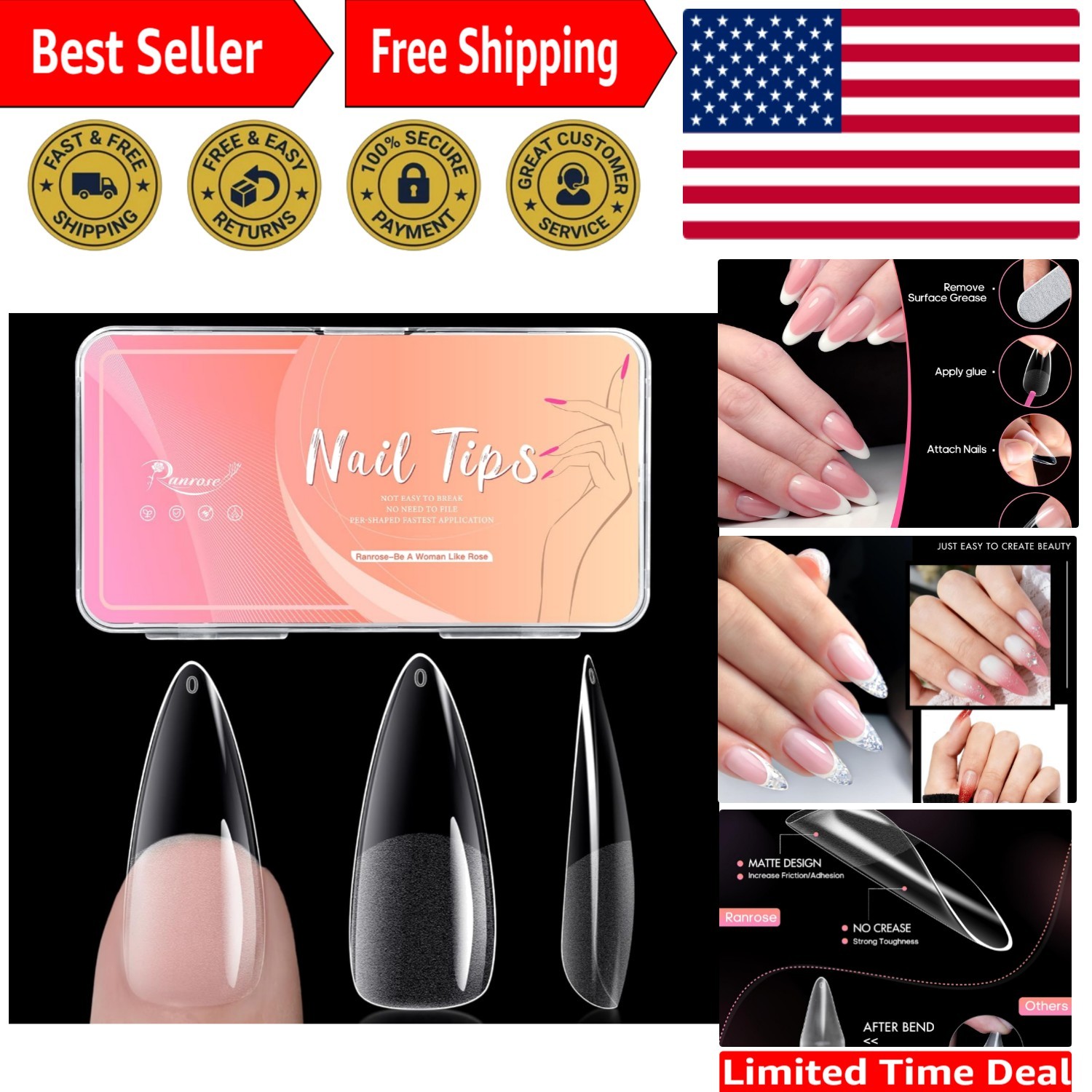 240PCS Long Almond Nail Tips – Easy DIY Full Cover Half Matte Acrylic Nails