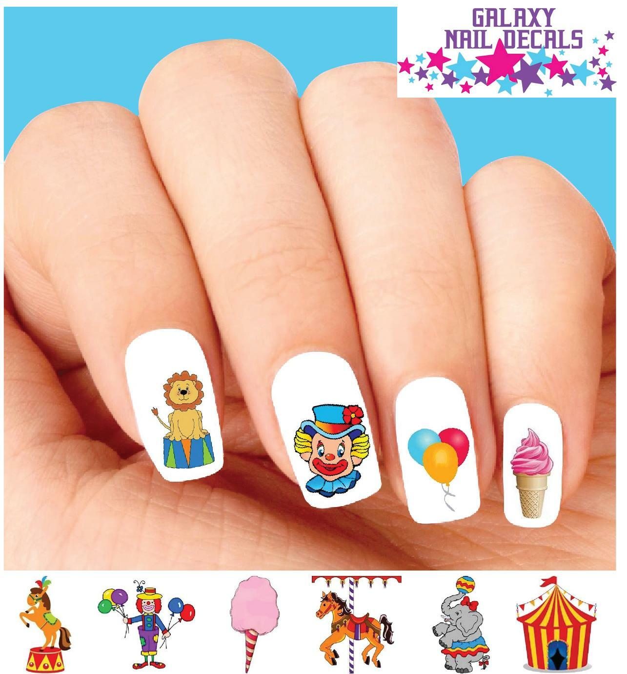 Waterslide Nail Decals – Set of 20 Circus Carnival Clown Horse Lion Assorted