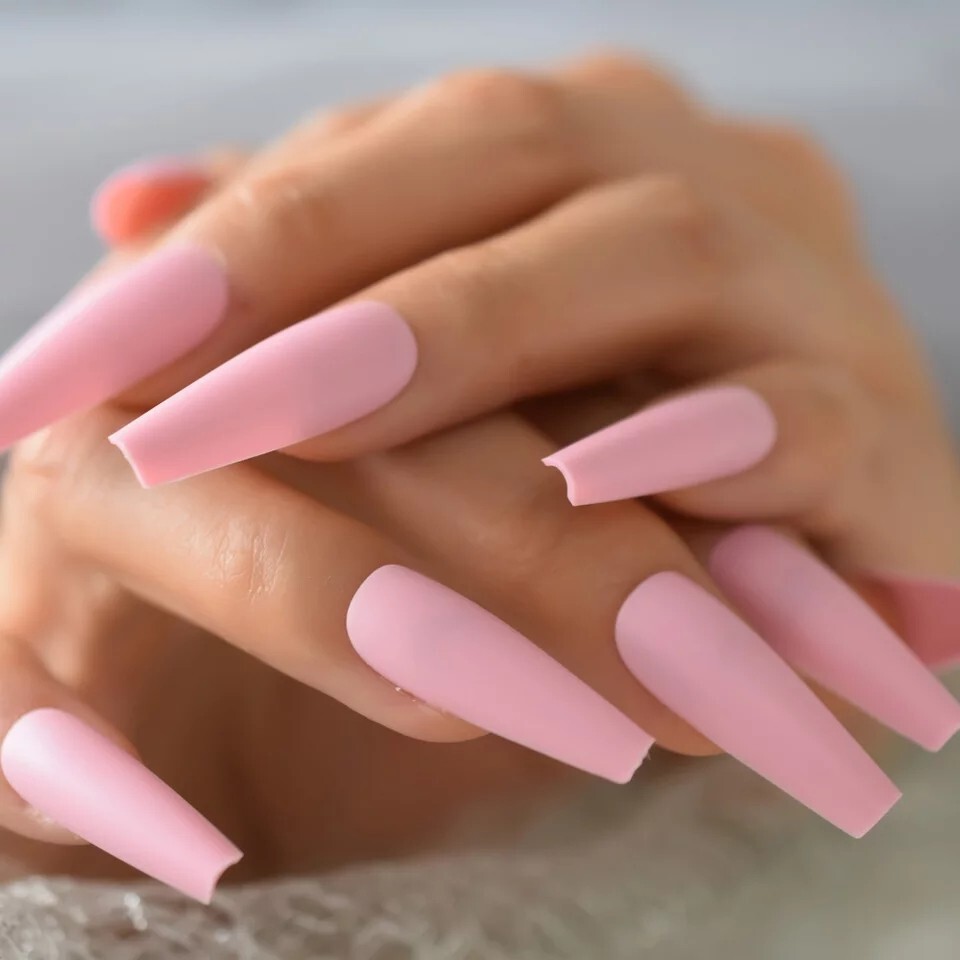 24 Extra Long Powder Pink Press on nails kit w glue Matte Light Pale Pastel Baby