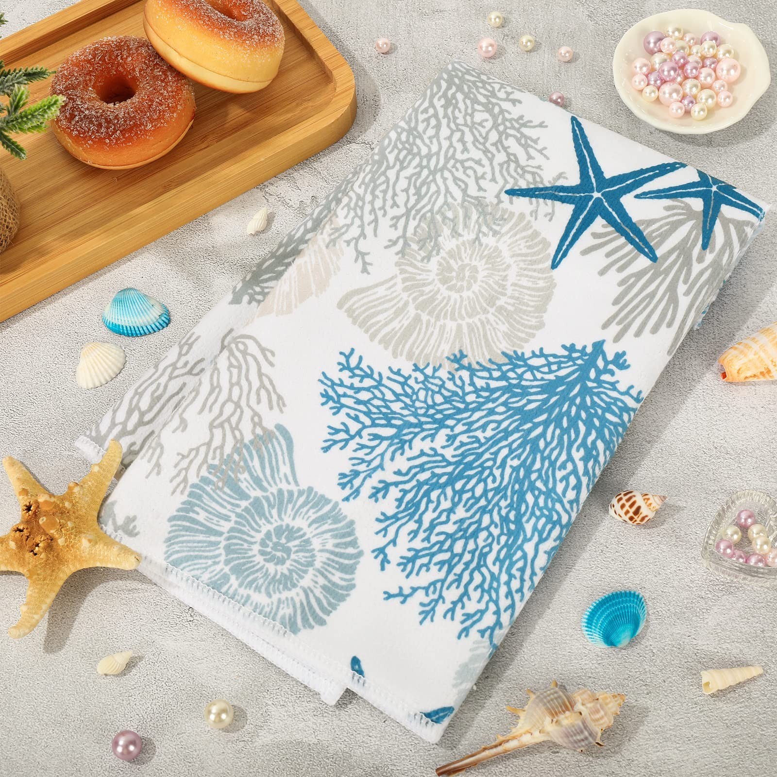 AnyDesign Ocean Theme Kitchen Dish Towel Beach Seashell Coral Starfish Hand D…
