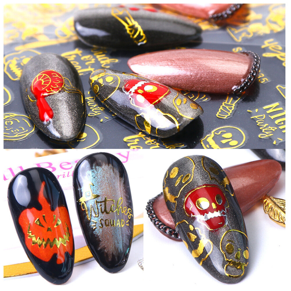Gold Black Halloween Bat Witch Pumpkin Skull Nail Sticker Art Decal Waterproof