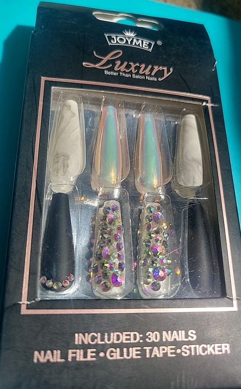 Beautiful New Luxury Nails, Black, Pearlescent, Marble, W/rhinestones