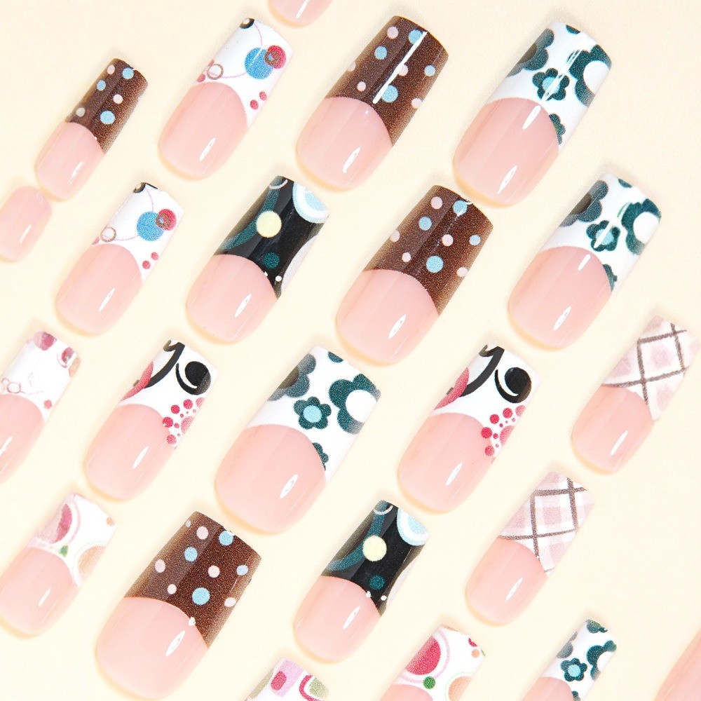 48pcs-Y2K French Tip Press on Nail, Extra Long Square Abstract Doodle Fake Nails